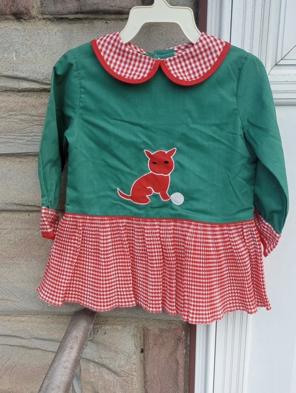 Vintage Retro Colorful Gingham Toddler Dress w/ Collar & Cat. Red Green White